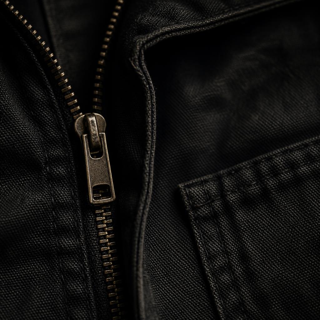 Detail makro jahitan dan resleting logam pada work jacket hitam